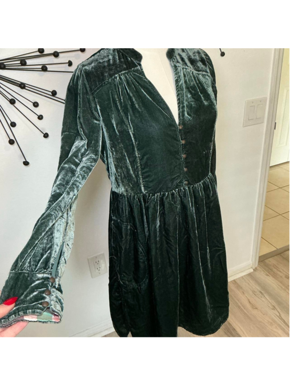 Holding Horses Green Velvet Babydoll Dress XS Cottagecore Boho Mini Dress - Picture 4 of 5